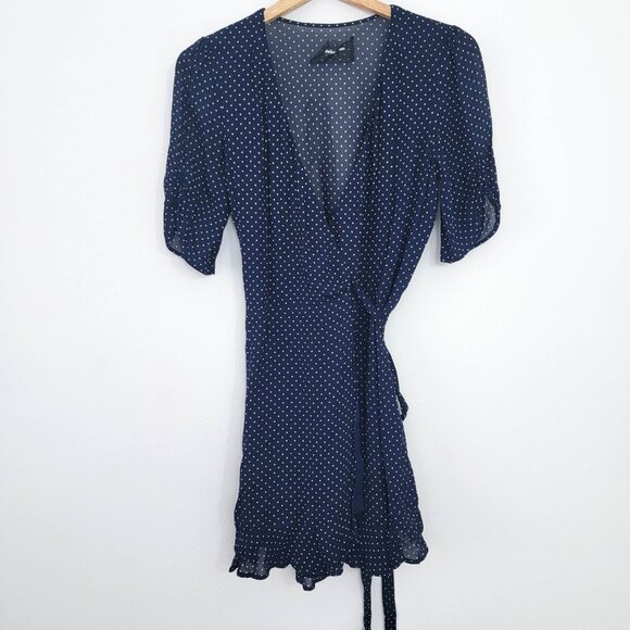 Reformation Monica Wrap Mini Dress in Navy Polka Dot Small - Picture 1 of 6